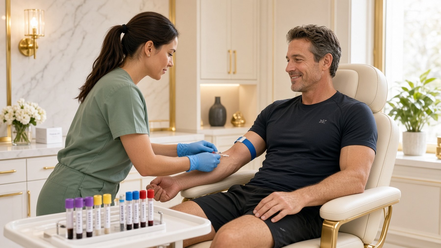 Nurse drawing blood from a smiling man in a cream phlebotomy chair