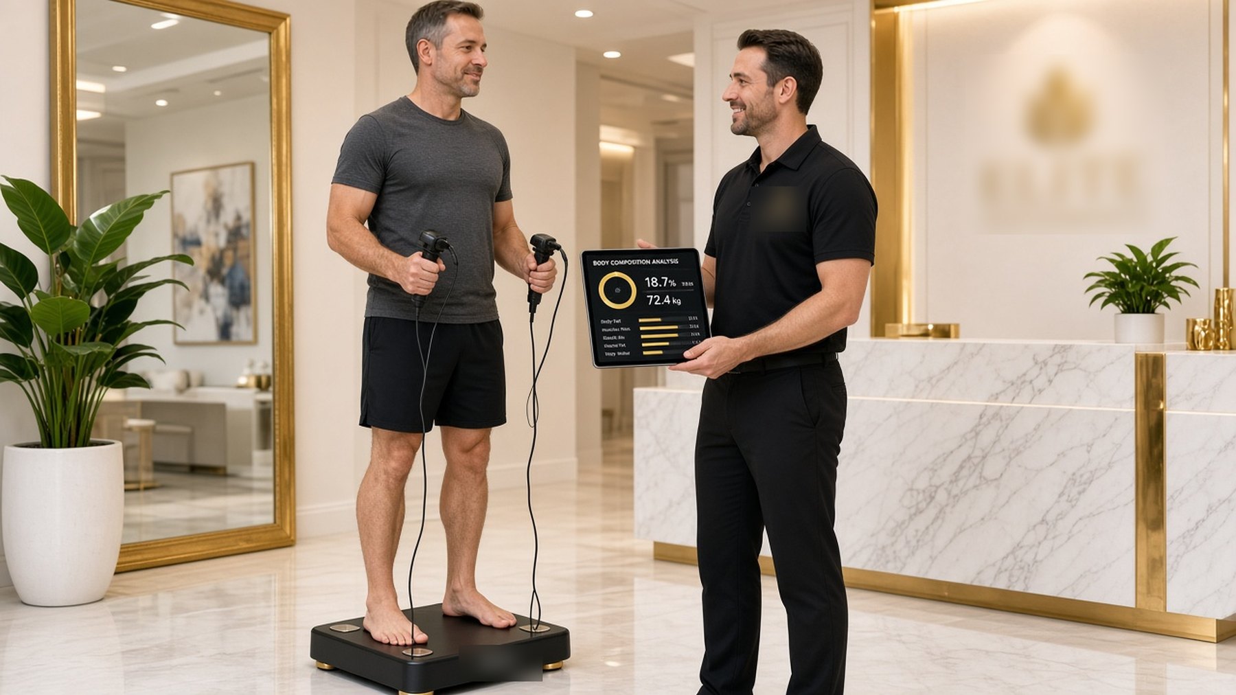 Man on a body composition scale while a coach shares his results