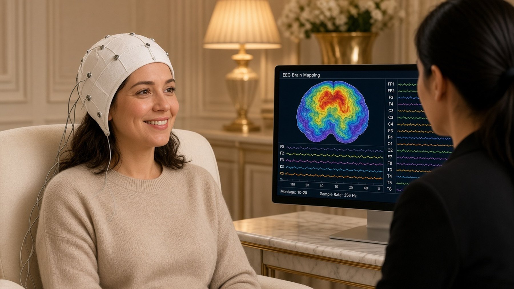 Woman smiling in an EEG cap during a brain mapping session