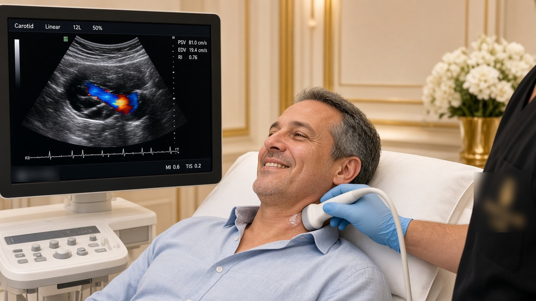 Smiling man during a carotid artery ultrasound