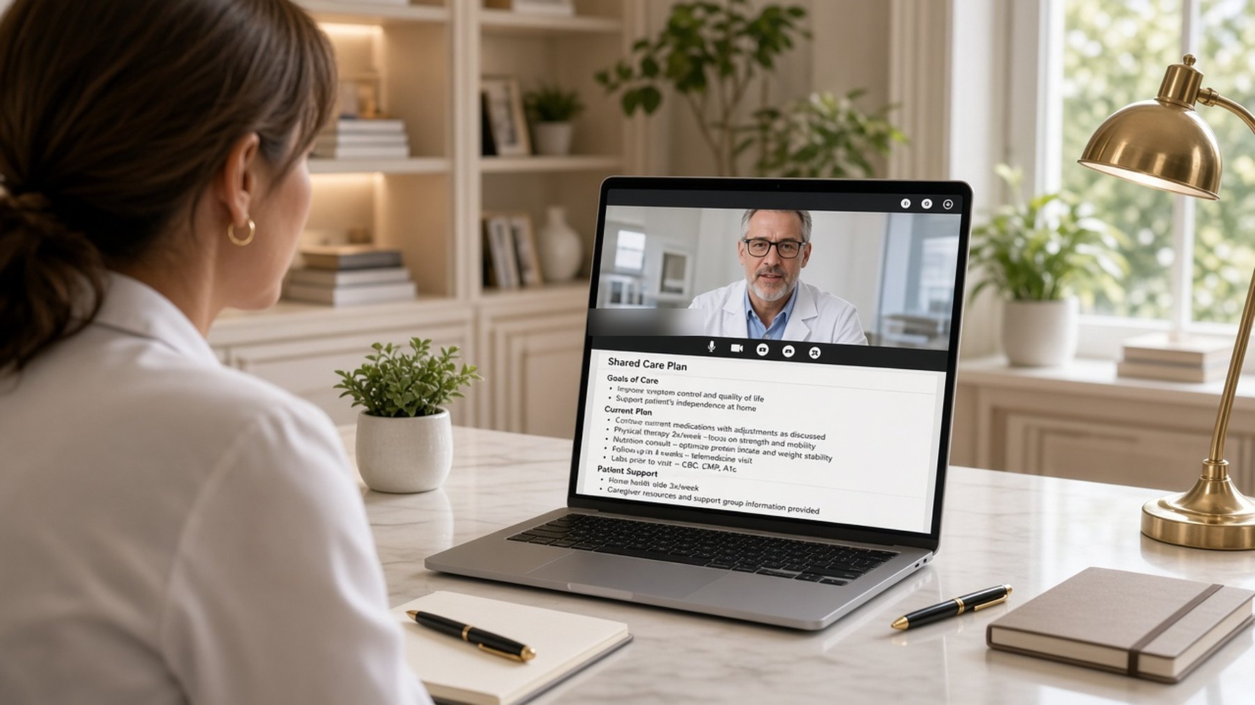 Physician on a video call reviewing a shared care plan