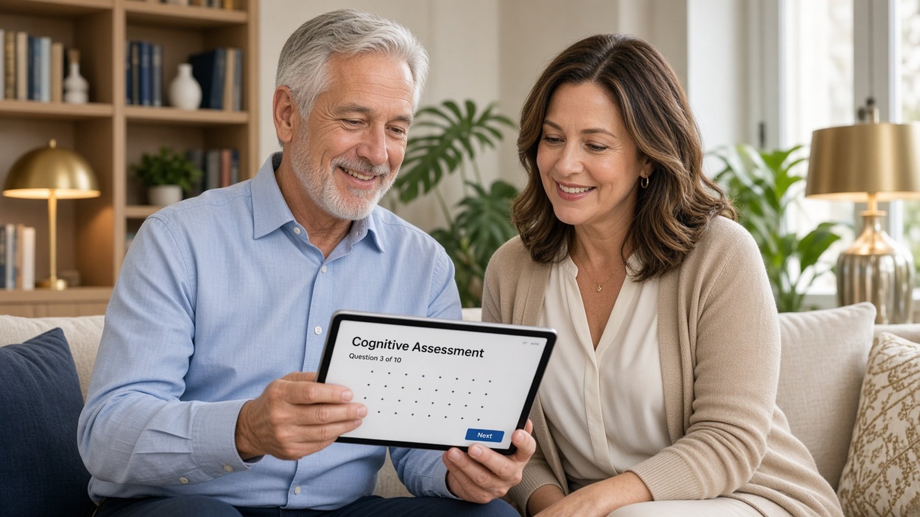 Couple smiling while completing a cognitive assessment on a tablet