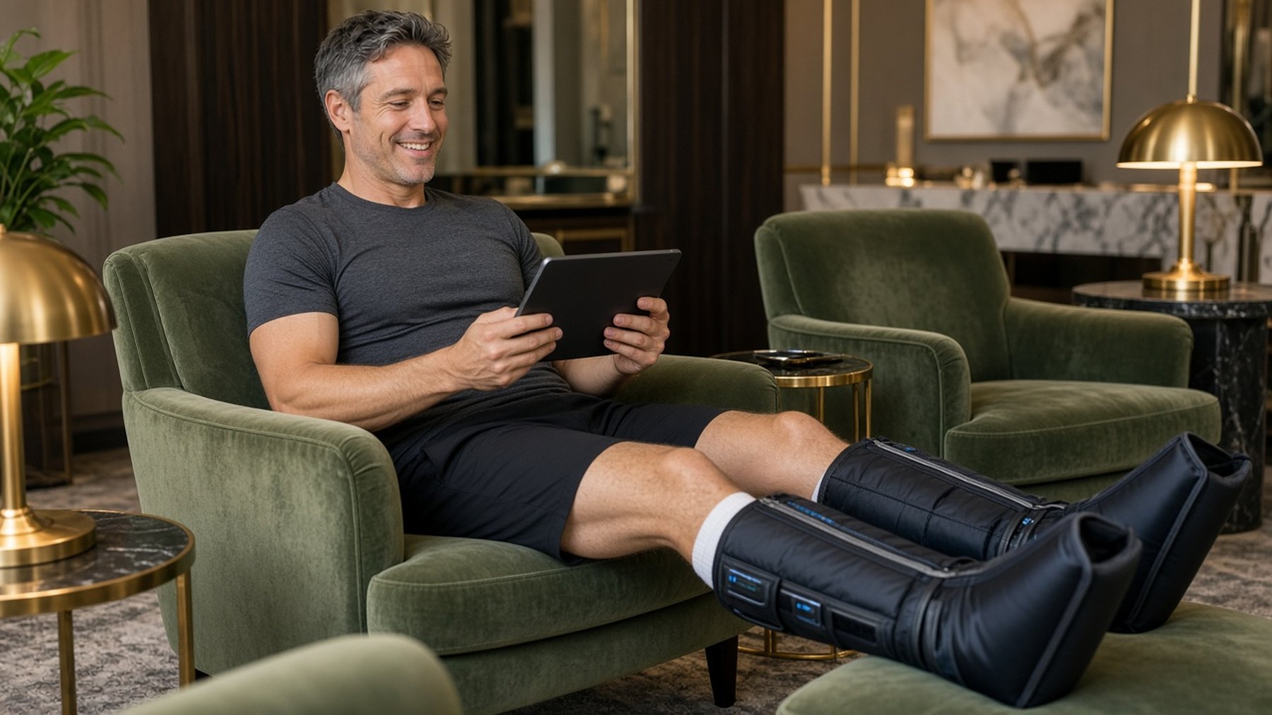 Man reading a tablet while wearing compression recovery boots in a green velvet lounge
