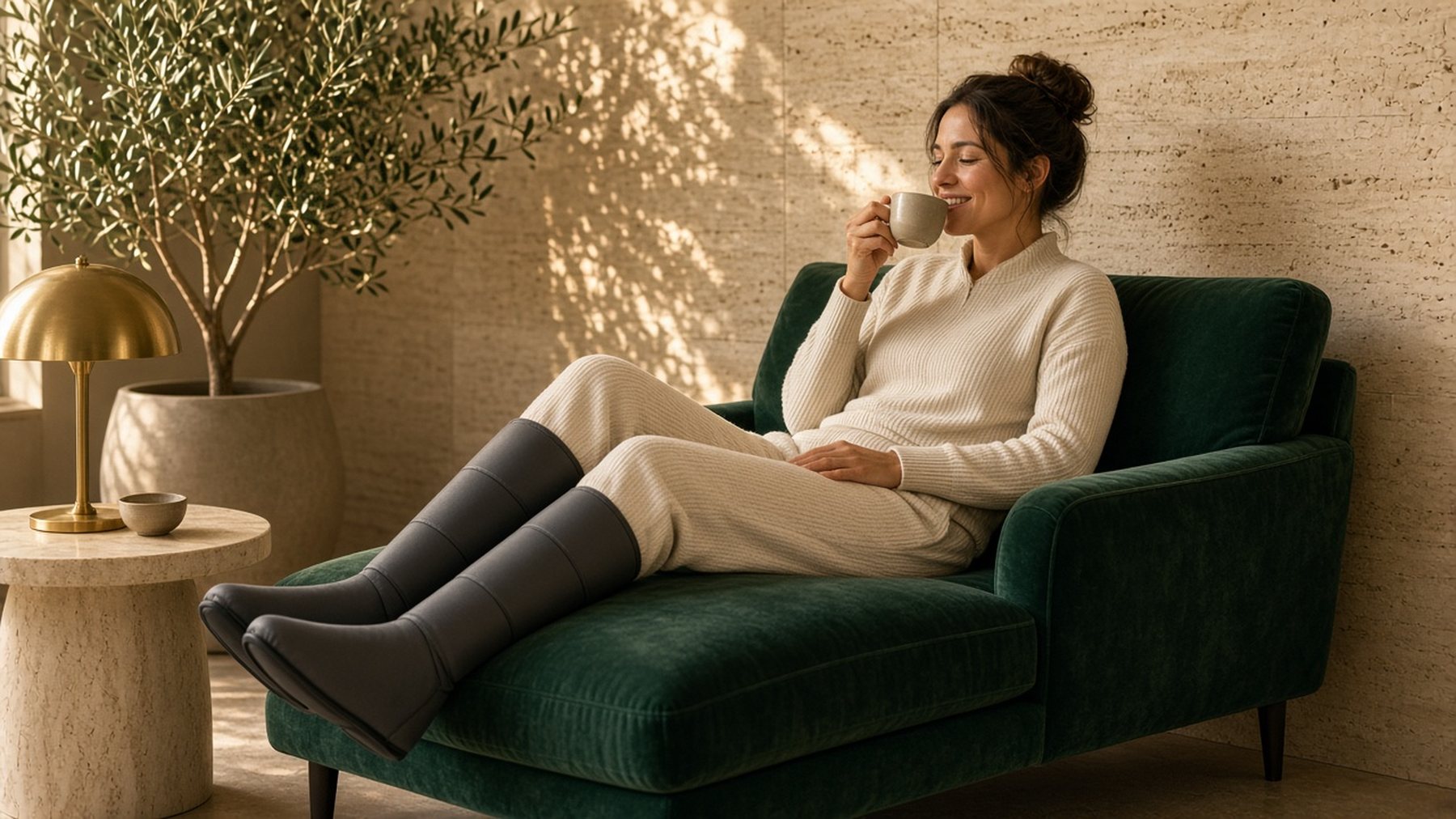Woman sipping tea on a green velvet chaise wearing compression recovery boots