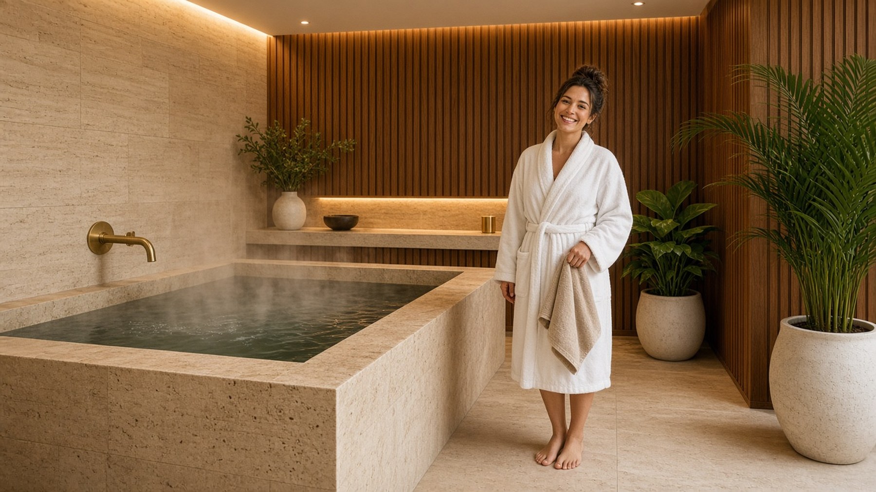 Smiling woman in a white robe beside a steaming travertine cold plunge in a warm wood and gold contrast suite