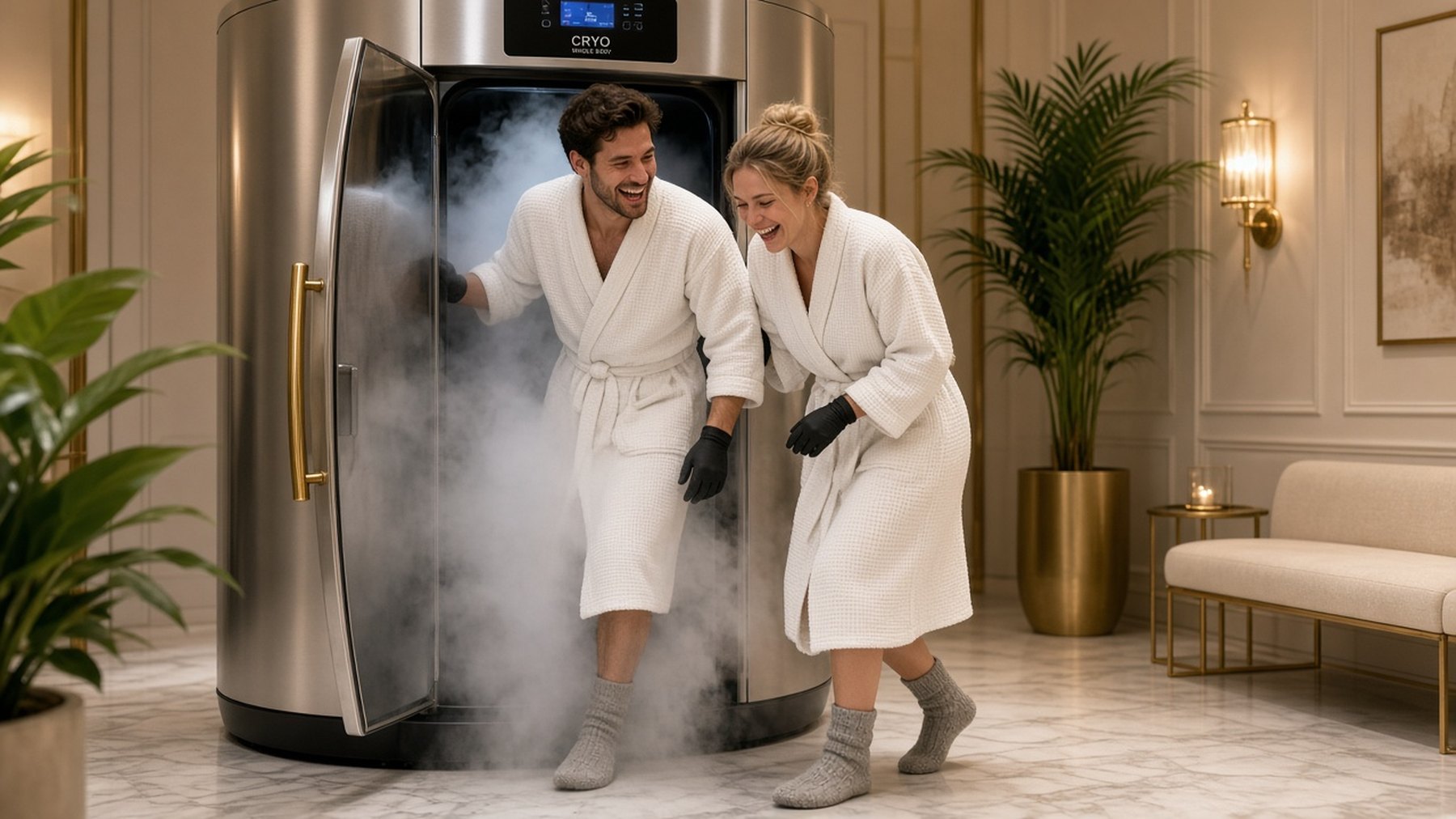 Laughing couple in robes stepping out of a whole-body cryotherapy chamber