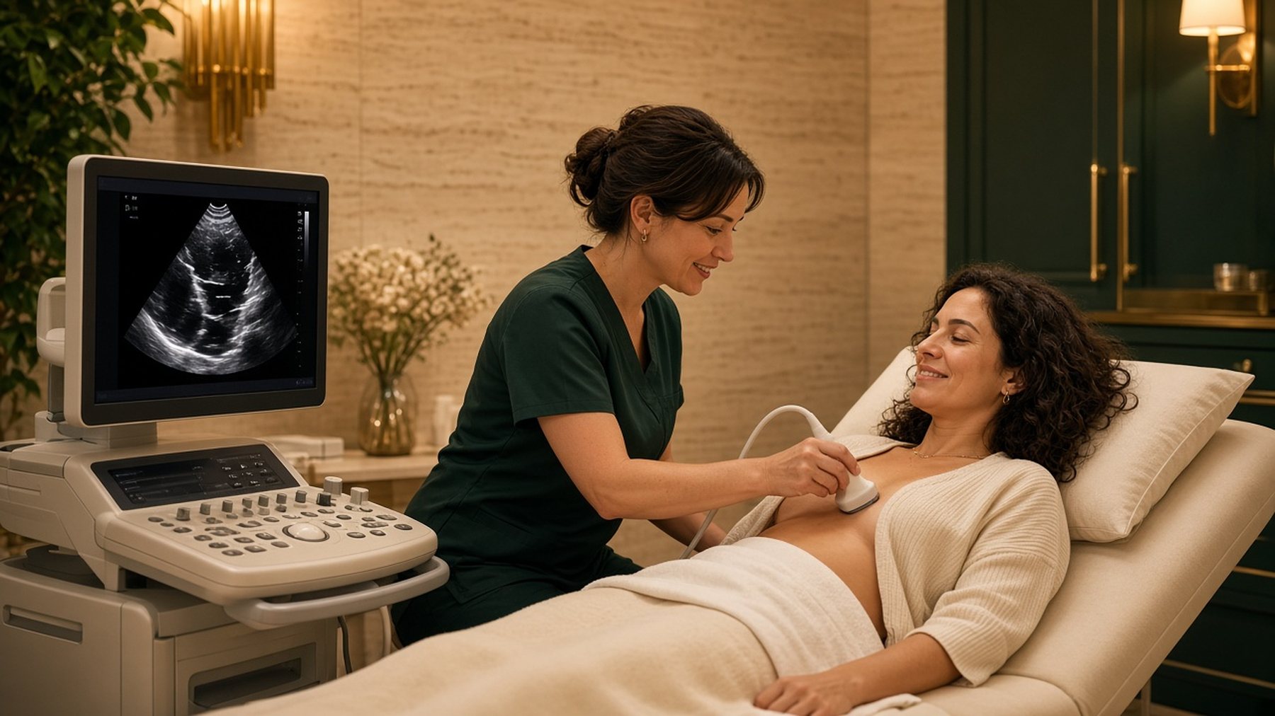 Sonographer performing a cardiac echo ultrasound on a relaxed woman