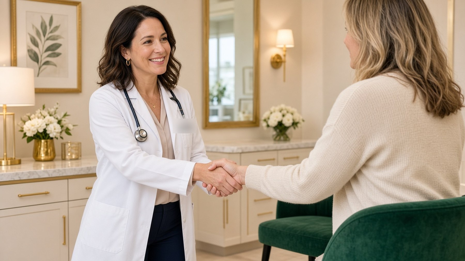 Physician warmly shaking hands with a patient in a bright exam suite