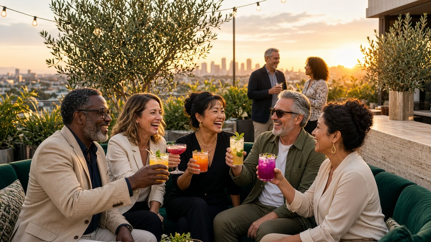 Friends toasting with colorful mocktails at a rooftop golden hour social
