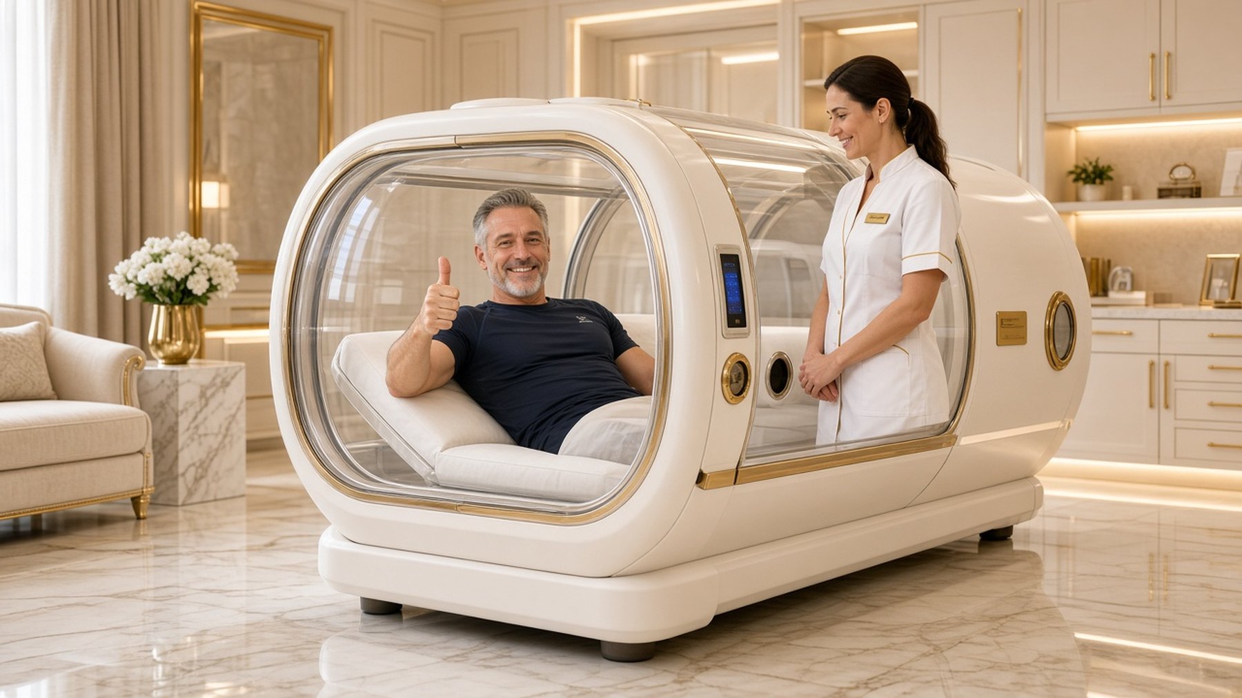 Man giving a thumbs up from inside a cream and gold hyperbaric oxygen chamber