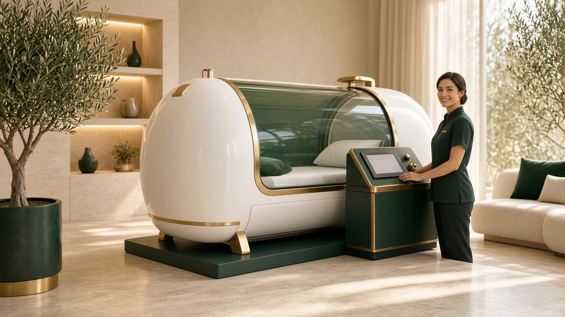 Staff member at the console of a hyperbaric oxygen chamber