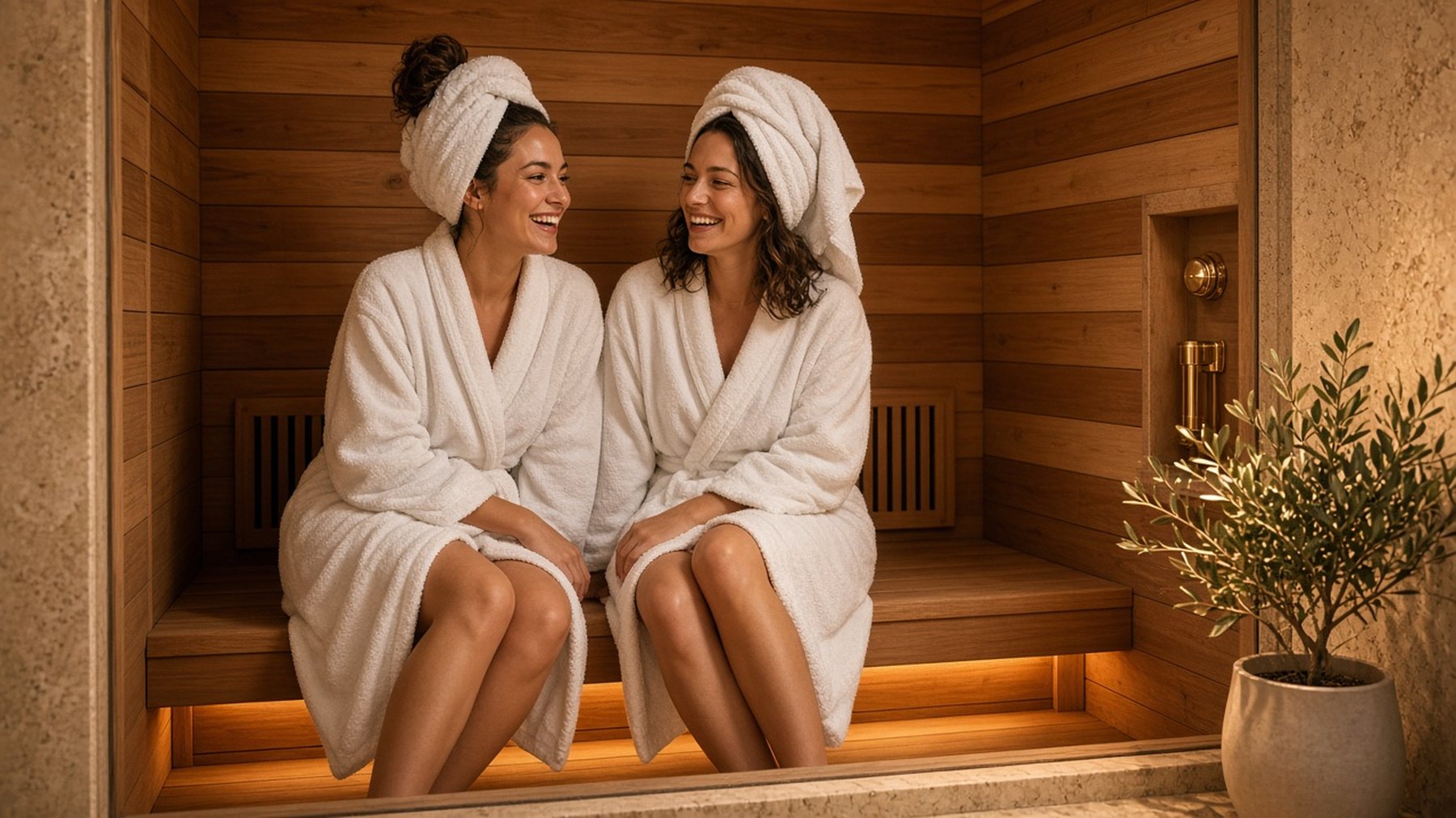 Two friends in robes laughing in an infrared sauna