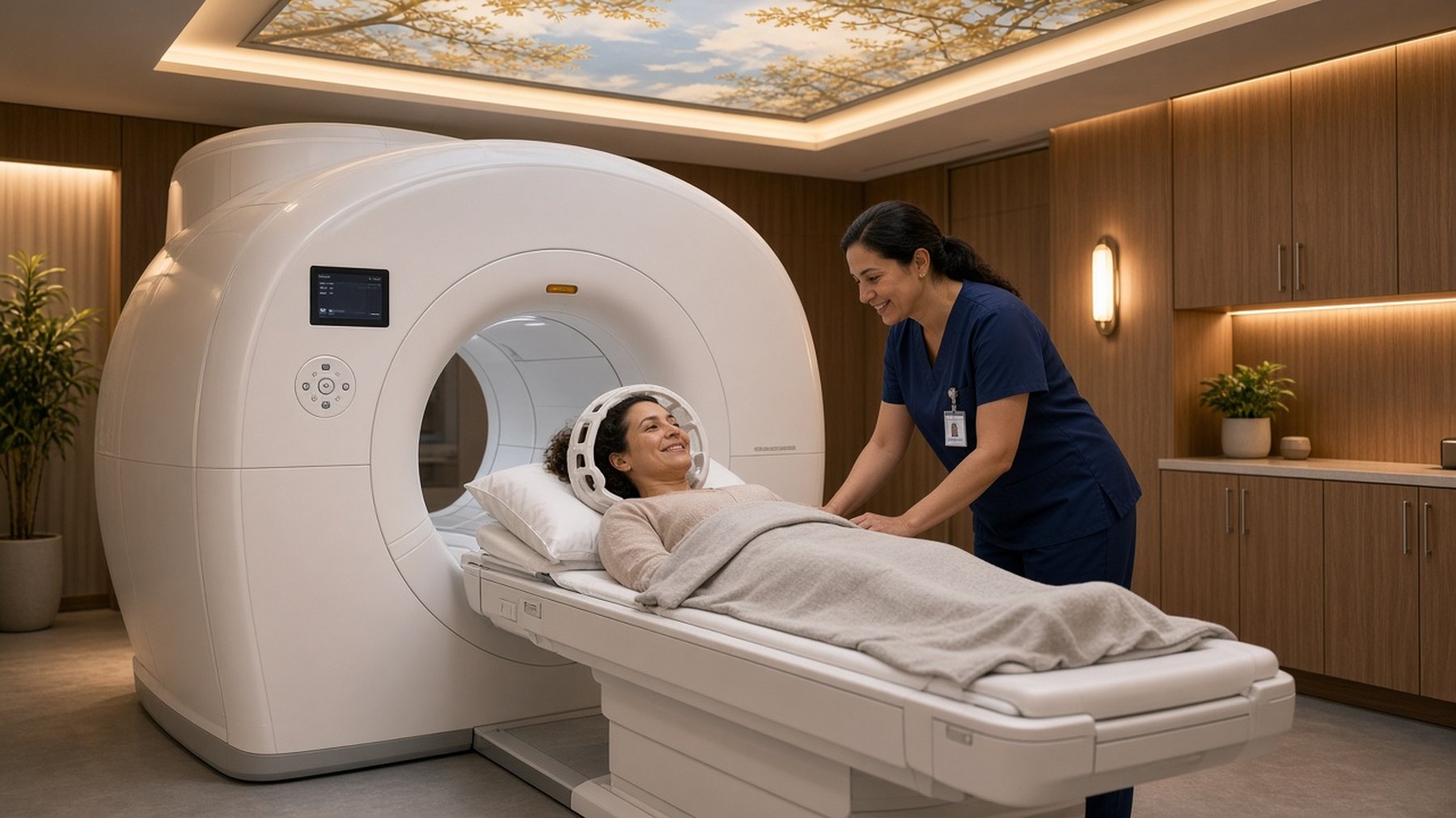 Woman smiling on an MRI table as a technologist reassures her in a warm wood-panelled suite