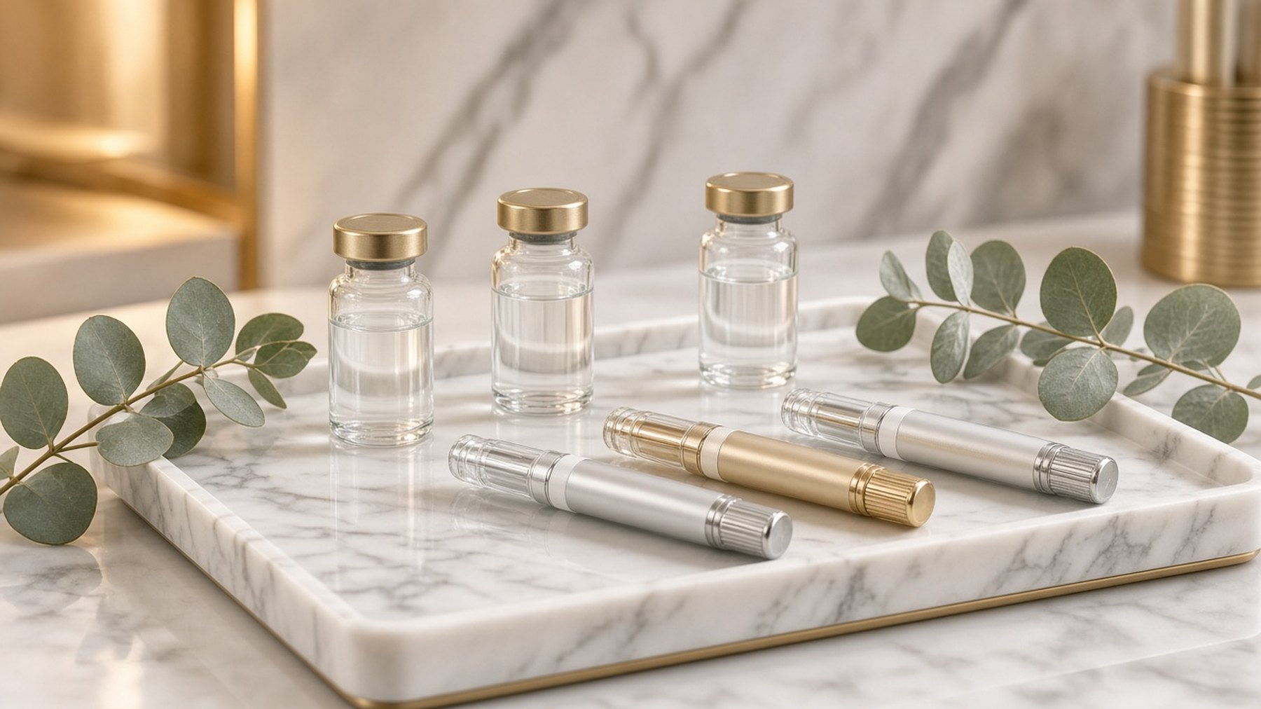 Unlabeled vials and injector pens on a marble tray with eucalyptus