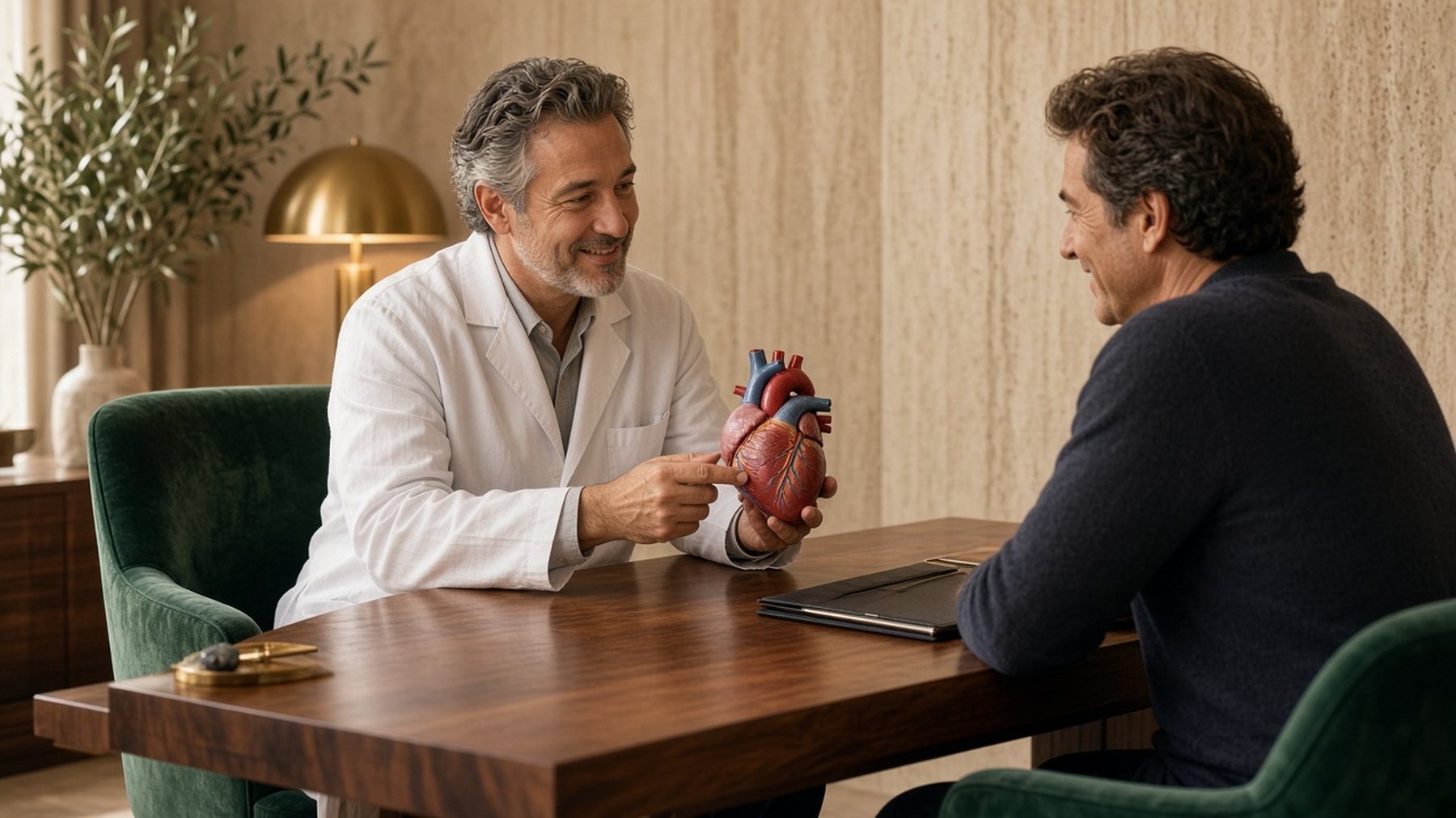 Physician explaining a heart model to a patient during a consultation