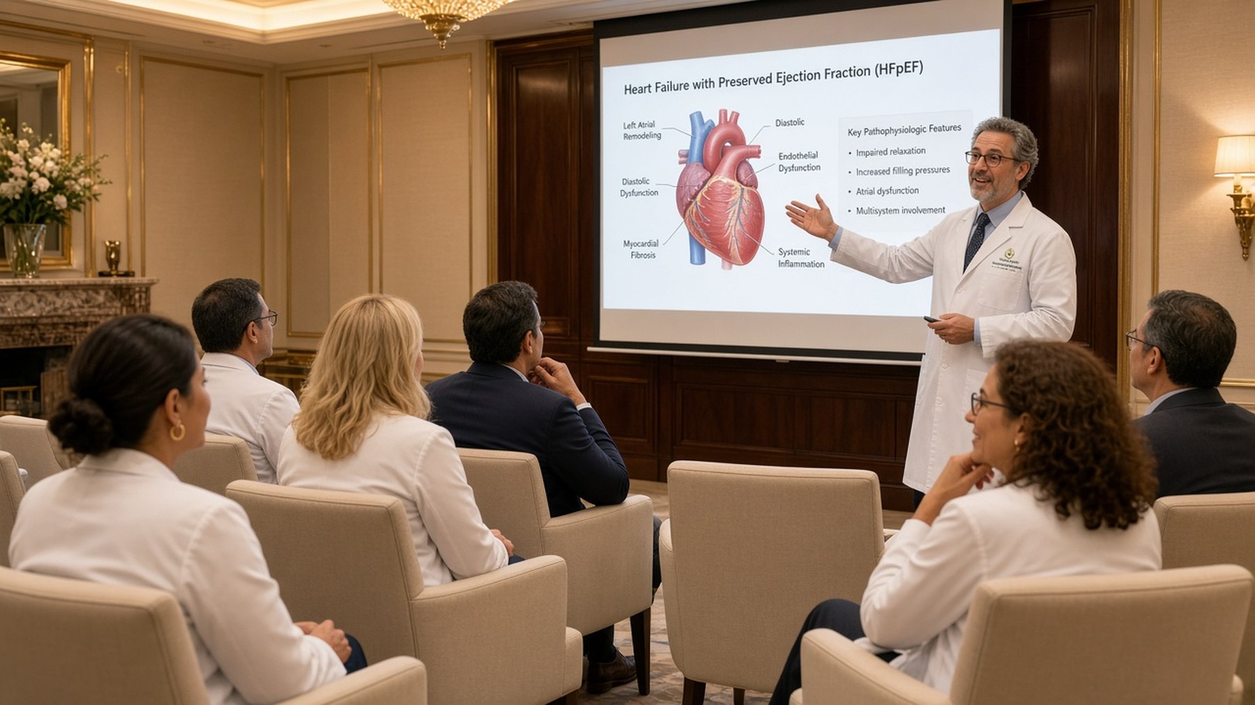 Clinicians attending a cardiology seminar in an elegant lecture lounge