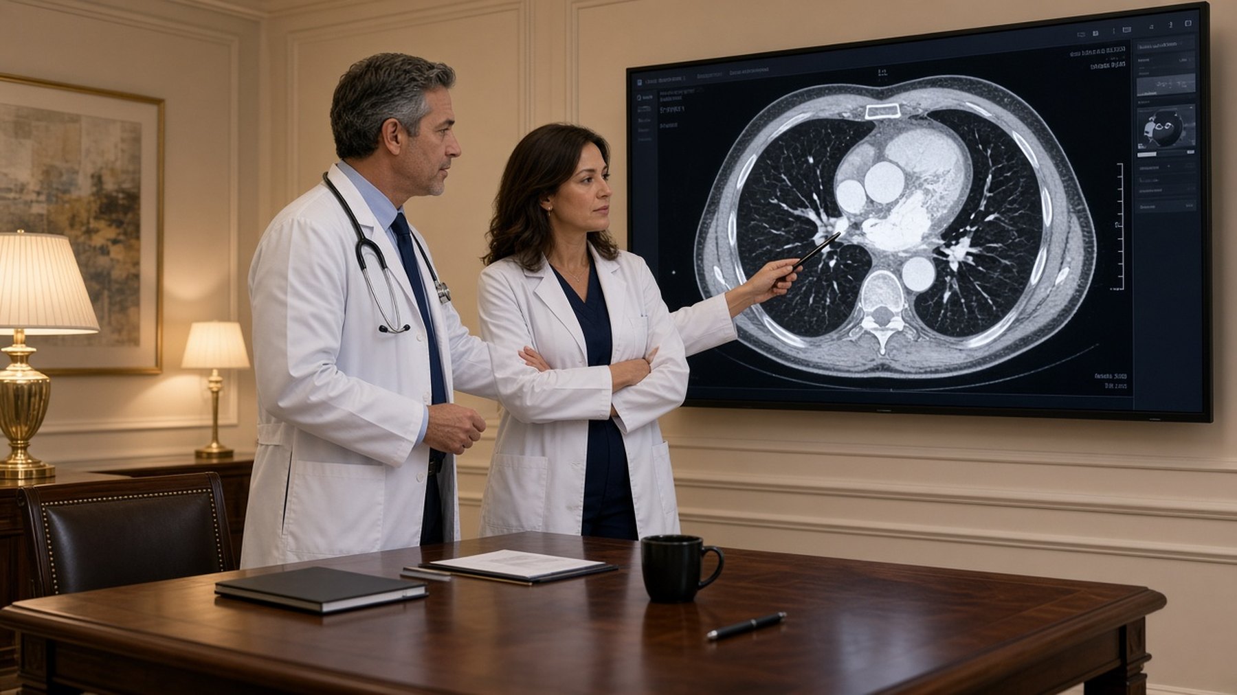 Two physicians reviewing a chest scan together on a large screen