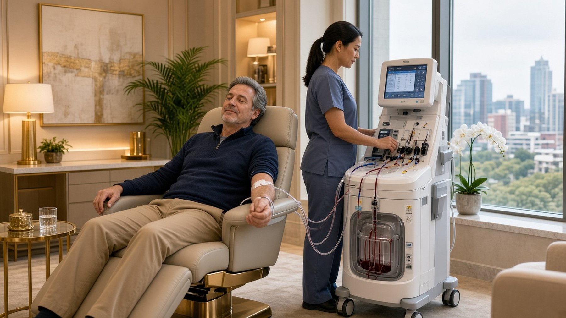 Man resting in a recliner during plasma exchange while a nurse monitors the apheresis machine