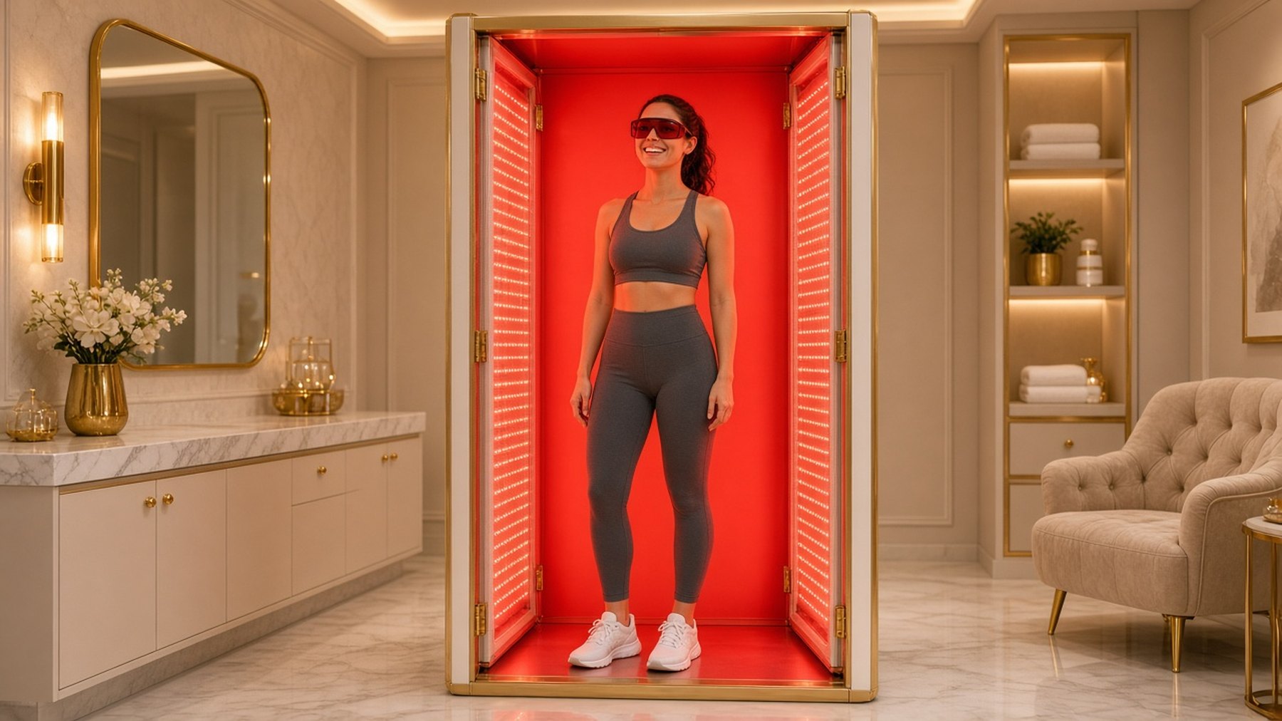 Woman in goggles smiling inside a full-body red light therapy booth