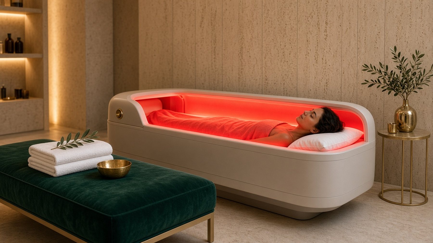 Woman relaxing in a red light therapy bed in a private suite