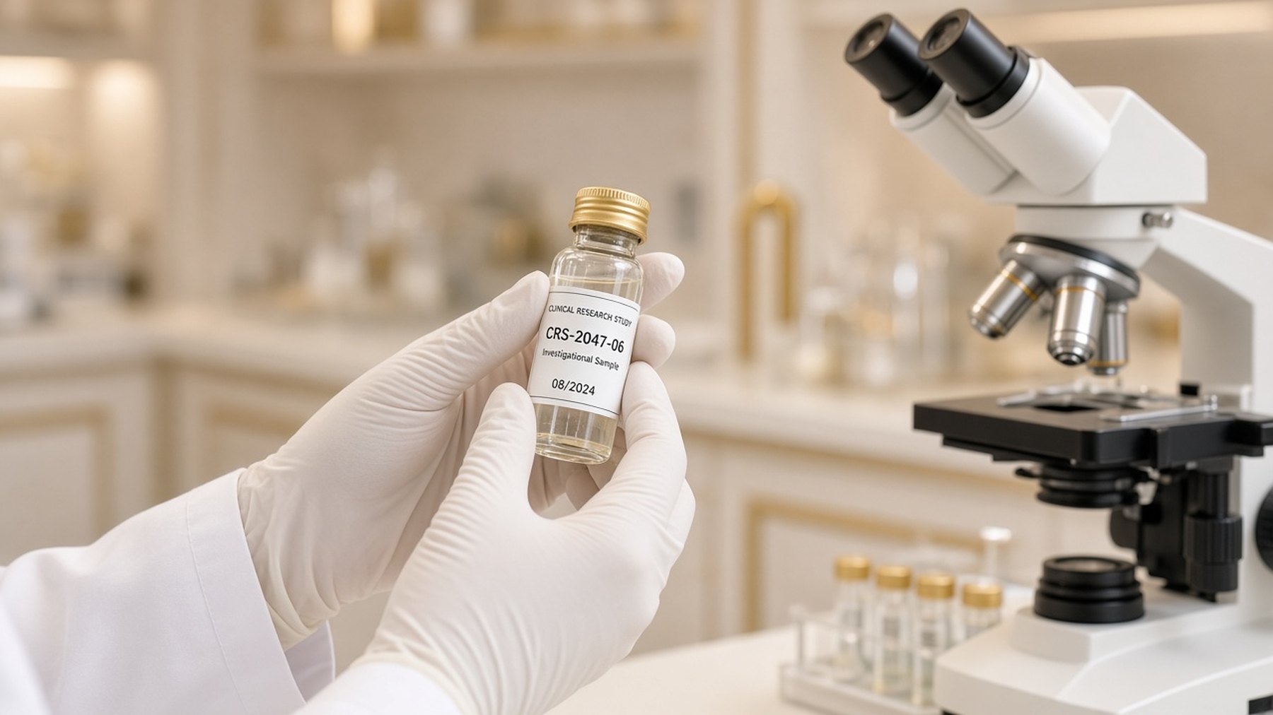 Gloved hands holding an investigational sample vial beside a microscope