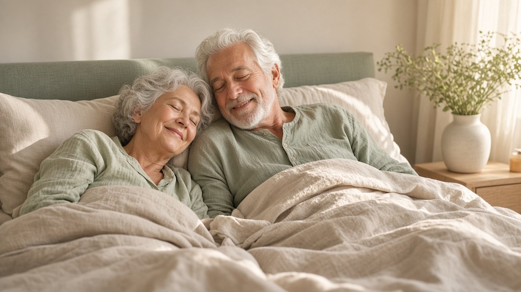 Couple resting peacefully in a sunlit linen bedroom