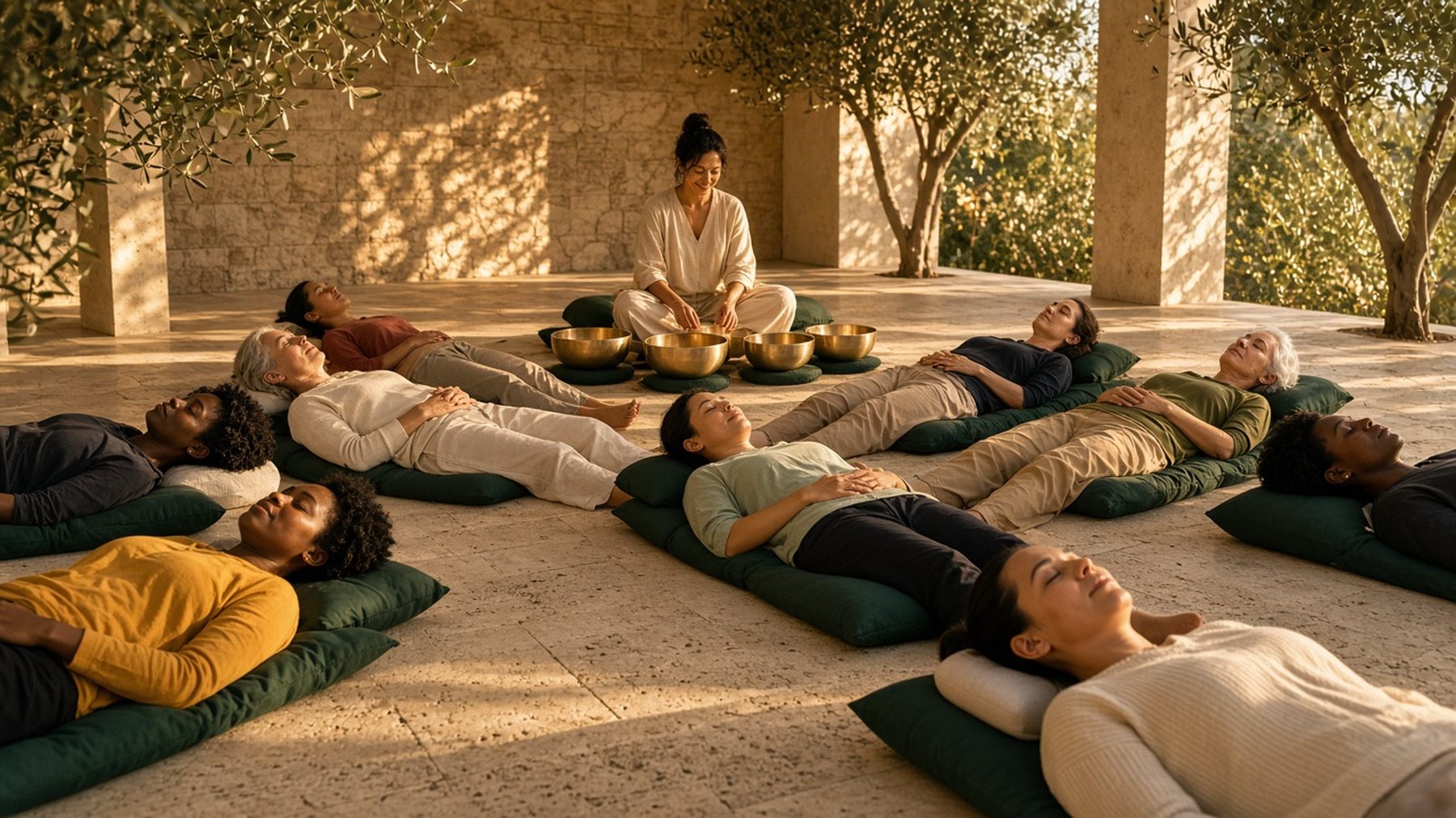 Group lying on cushions during a sound bath with singing bowls