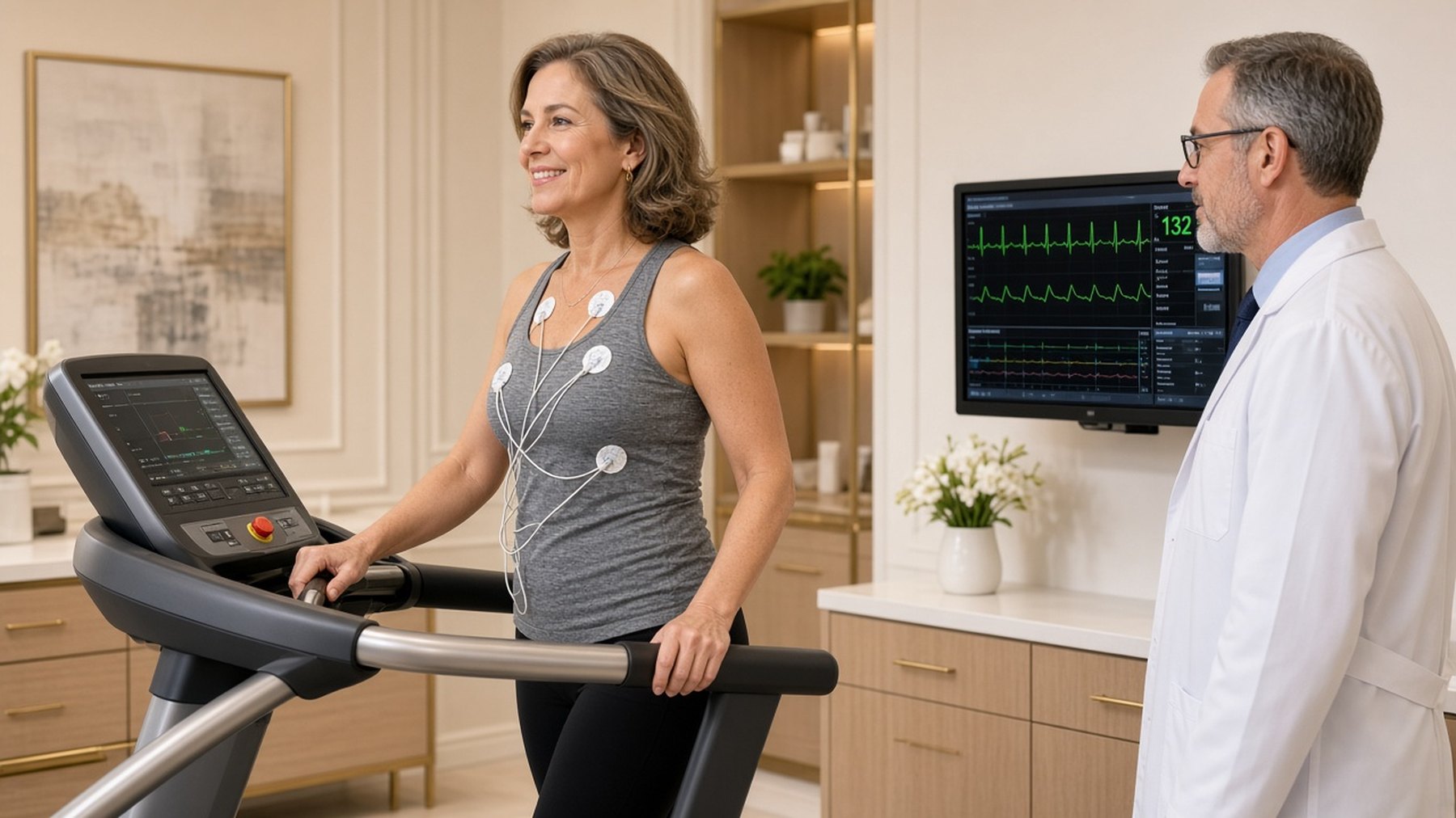 Woman smiling on a treadmill during an ECG stress test while a clinician watches the monitor