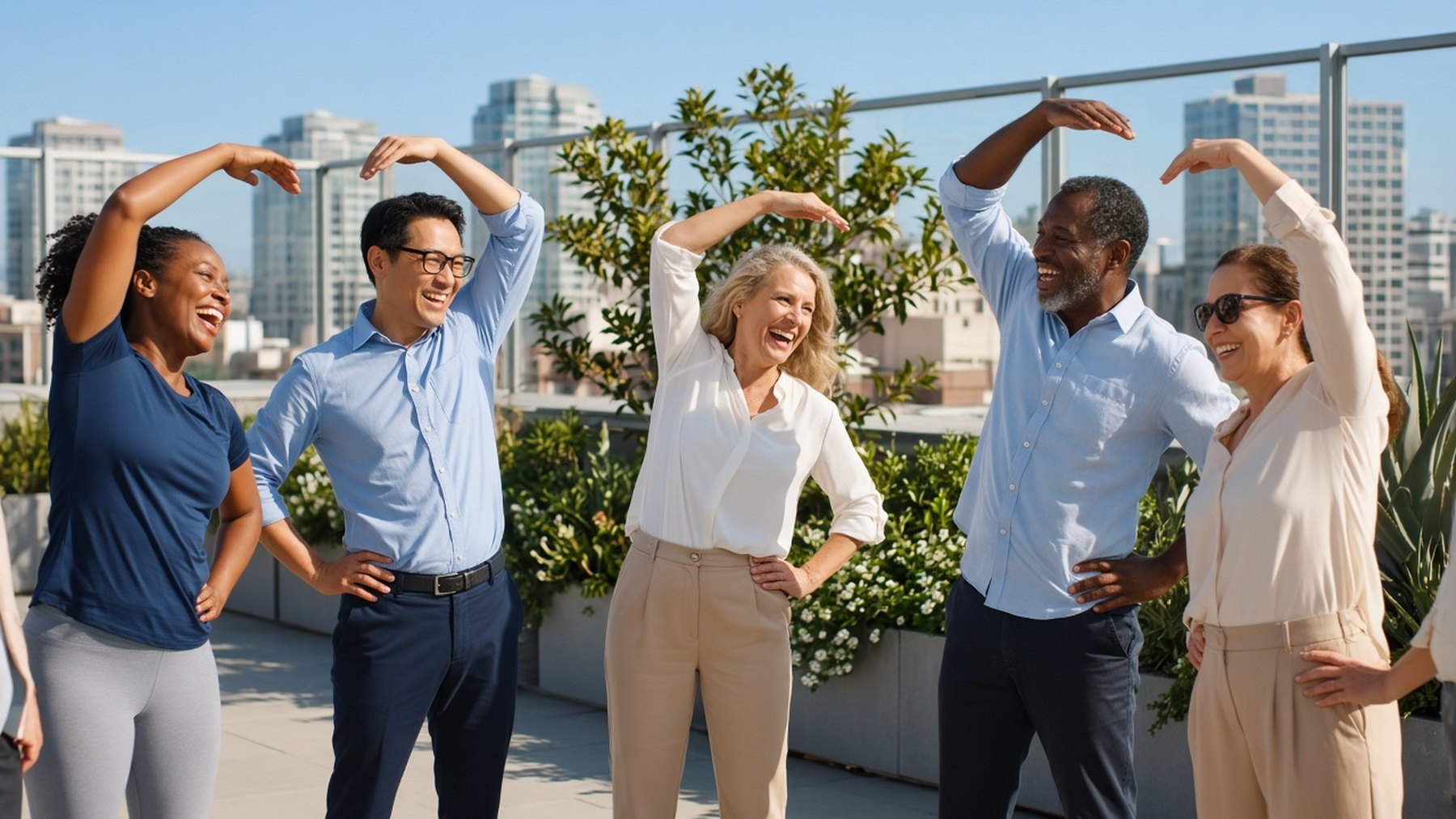 Diverse team laughing during a stretch break on a sunny rooftop