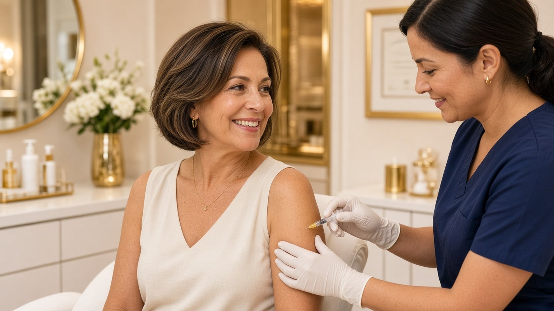Smiling woman receiving a vitamin injection in her upper arm